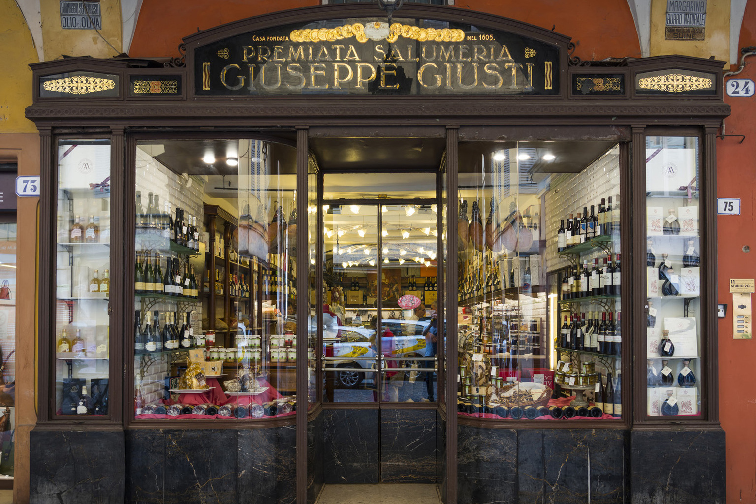 Facade of Salumeria Giuseppe Giusti in Modena — Italy's oldest delicatessen founded in 1605, Emilia-Romagna