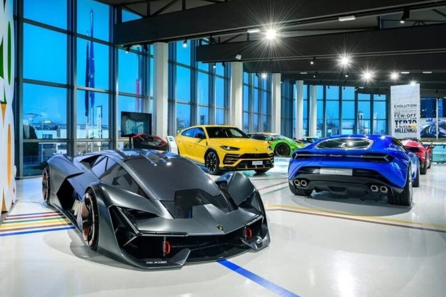 Lamborghini supercars on display at MUDETEC museum Sant'Agata Bolognese &mdash; Terzo Millennio and Urus models