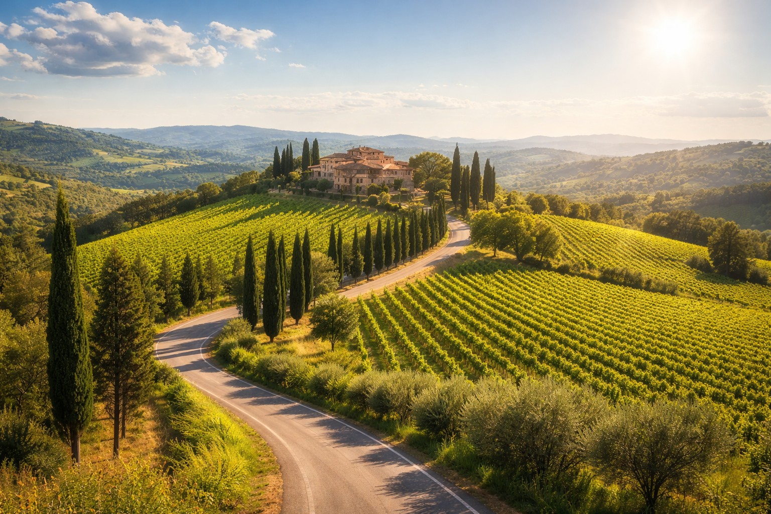 Aerial view of a winding road through Chianti vineyards with cypress trees and a Tuscan farmhouse on a hilltop, Tuscany Italy