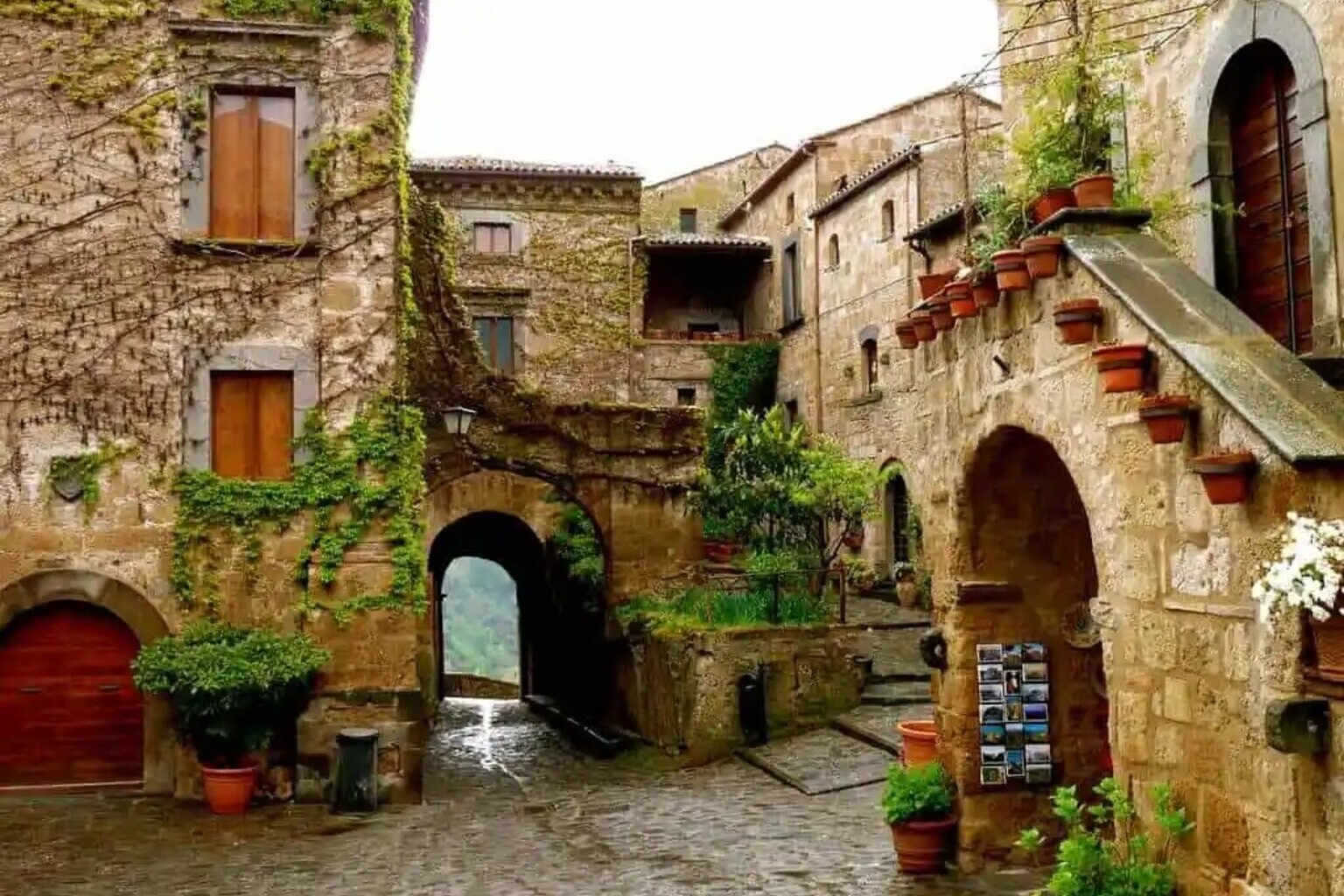 Medieval stone alley inside Civita di Bagnoregio with ivy-covered walls and terracotta flower pots, Umbria Italy