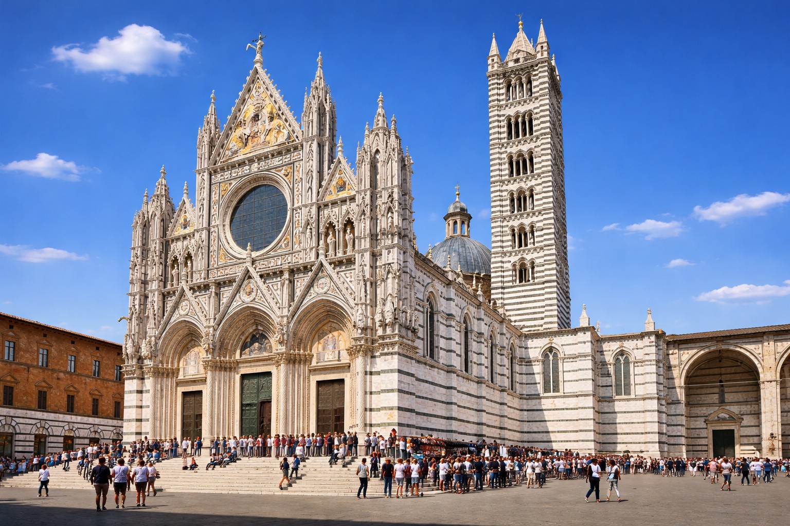 Siena Cathedral Gothic marble facade with striped bell tower, one of the finest medieval churches in Italy, Tuscany
