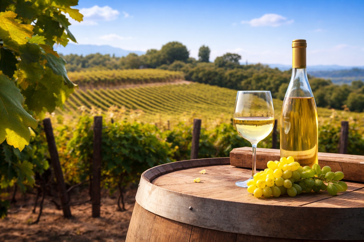 Vernaccia di San Gimignano white wine tasting with Tuscan vineyard views, local wine produced since the 13th century
