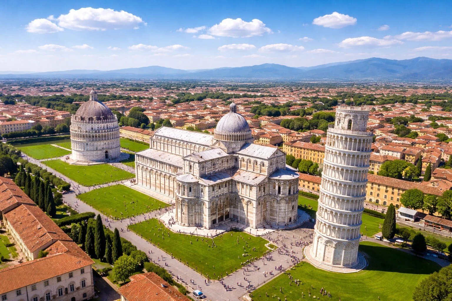 Aerial view of Campo dei Miracoli in Pisa &mdash; Leaning Tower, Cathedral and Baptistery on the green lawn, Tuscany Italy