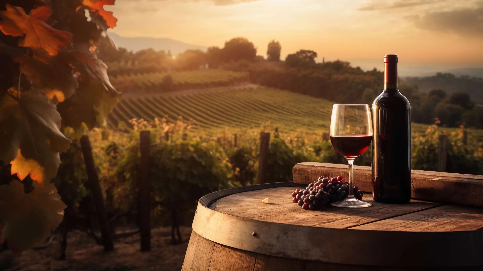 Red wine on a barrel in a Chianti vineyard at sunset — private chauffeur transfer Tuscany