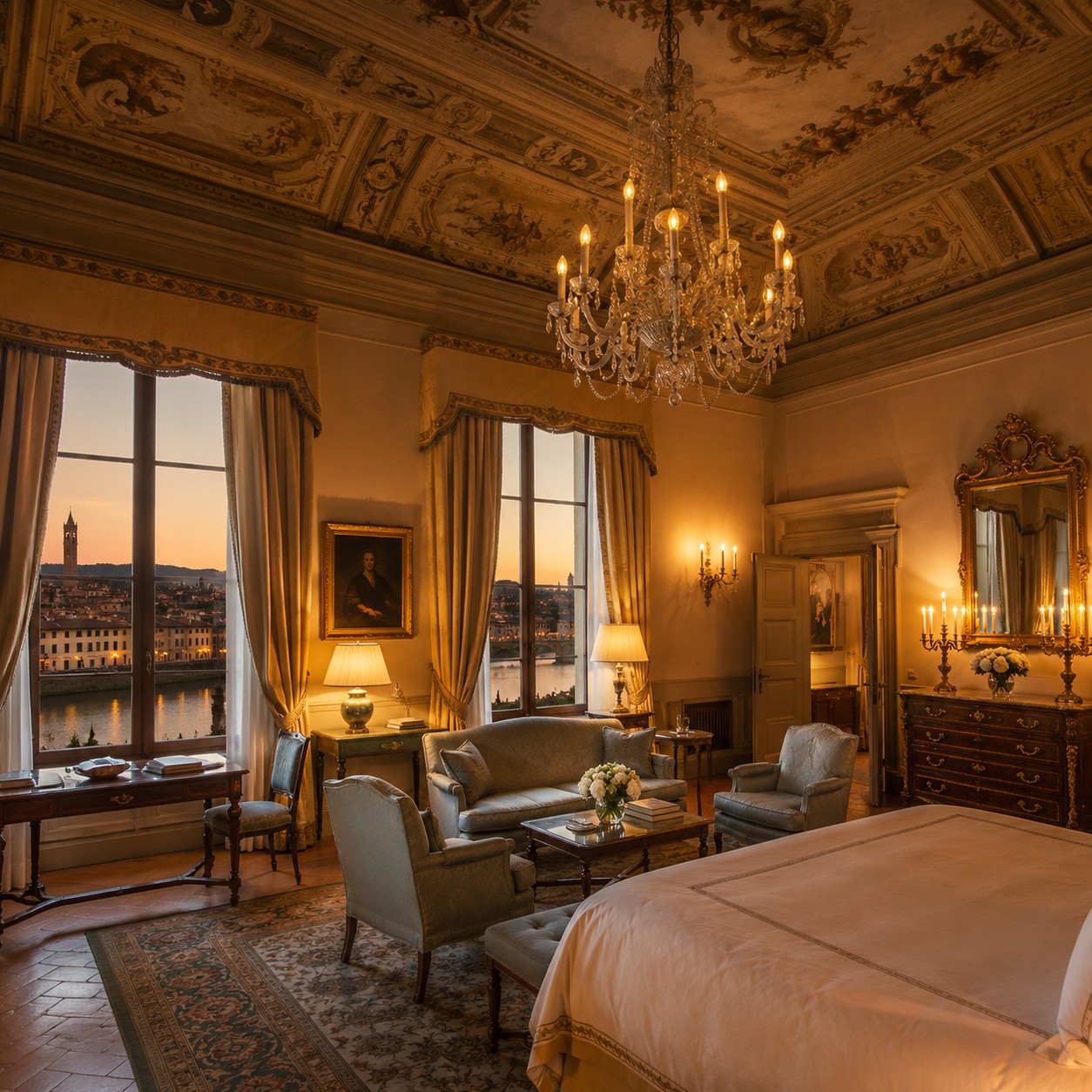 Elegant frescoed suite interior at Four Seasons Hotel Florence with crystal chandelier and panoramic view over the Arno river at sunset