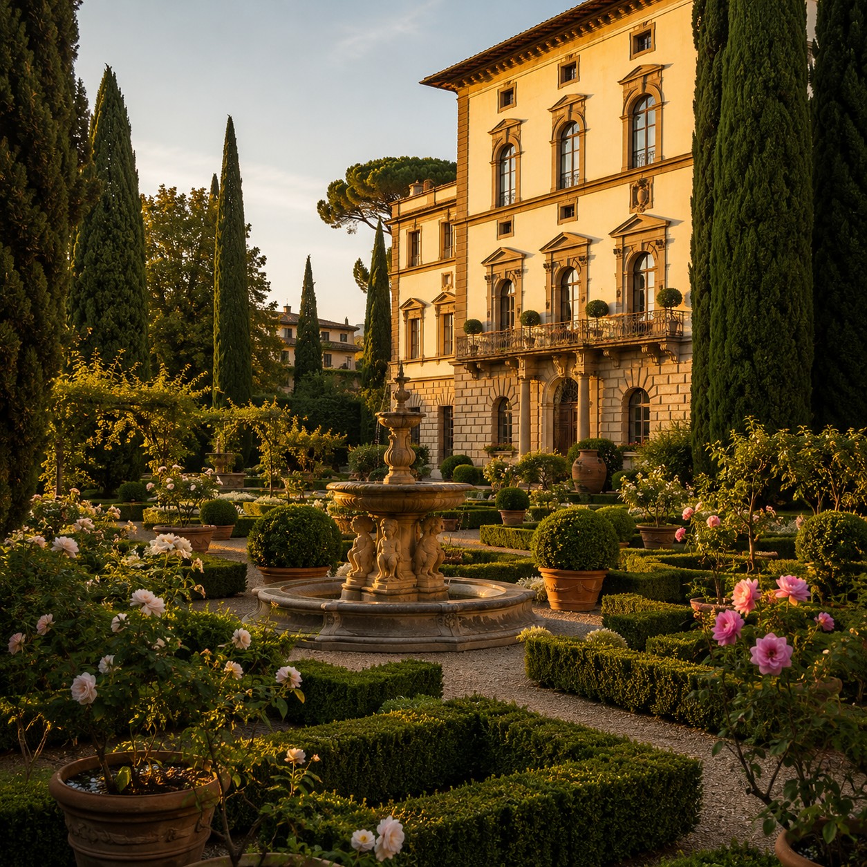 Manicured Italian gardens of Four Seasons Hotel Florence with stone fountain, rose beds, cypress trees and the Renaissance palazzo at golden hour