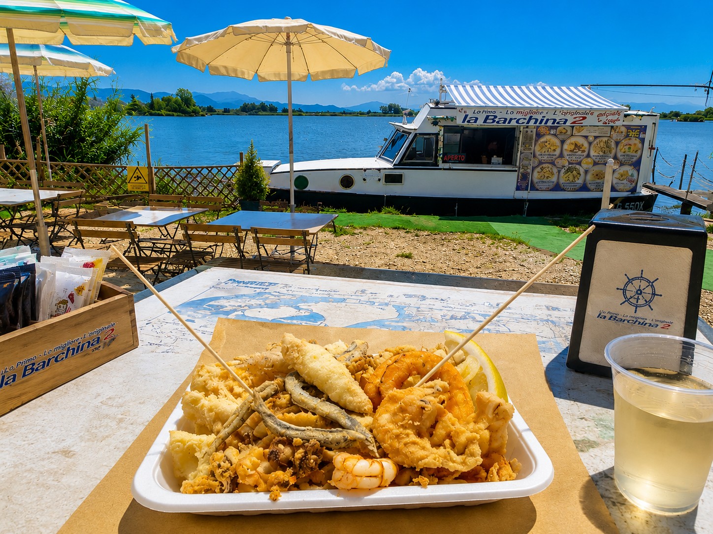 Fritto di mare at La Barchina 2 floating friggitoria on Lake Massaciuccoli near Viareggio, Tuscany