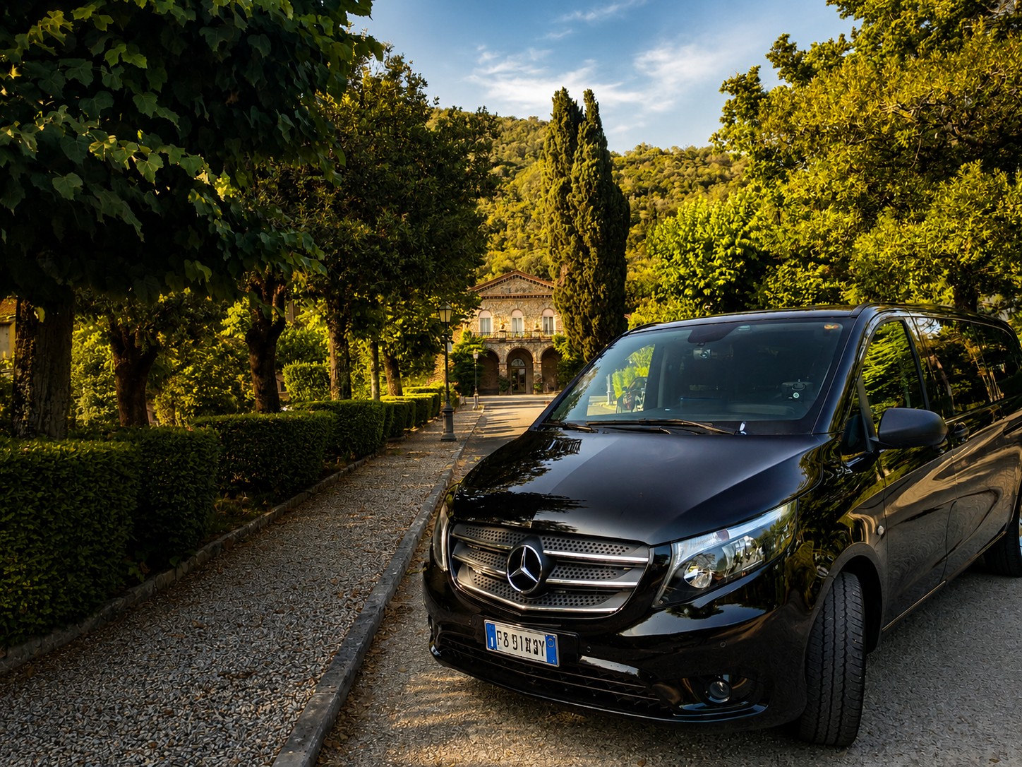 Mercedes V-Class private transfer at Grotta Giusti Spa Resort villa entrance, Monsummano Terme Tuscany