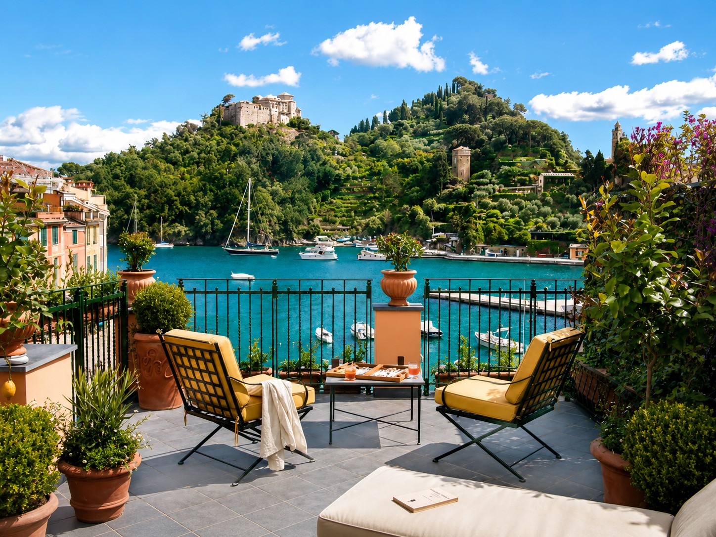 Elegant terrace of Hotel Splendido Portofino with yellow armchairs overlooking the turquoise harbour, yachts and Castello Brown on the hill