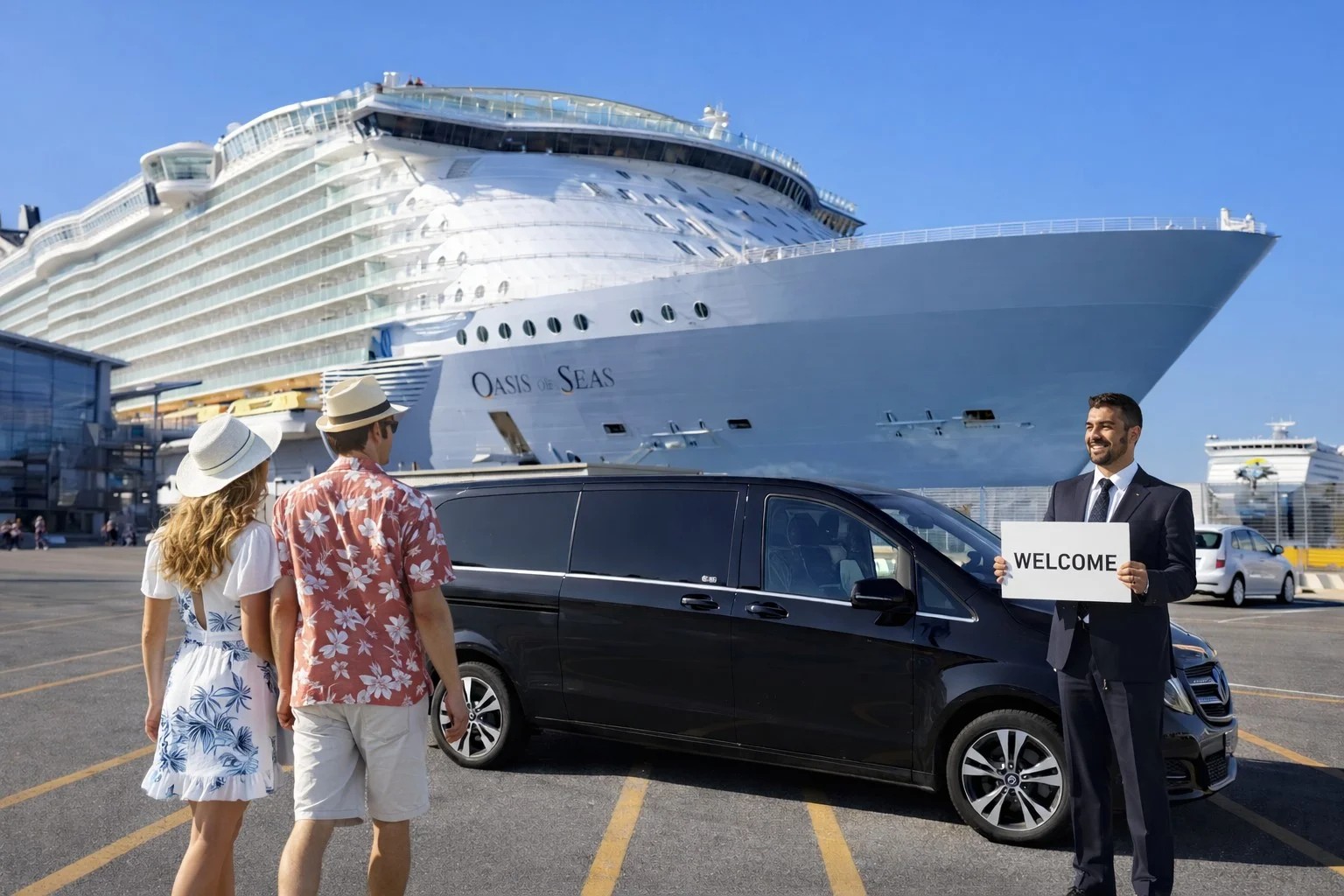 Private chauffeur with Mercedes V-Class and welcome sign at La Spezia cruise port
