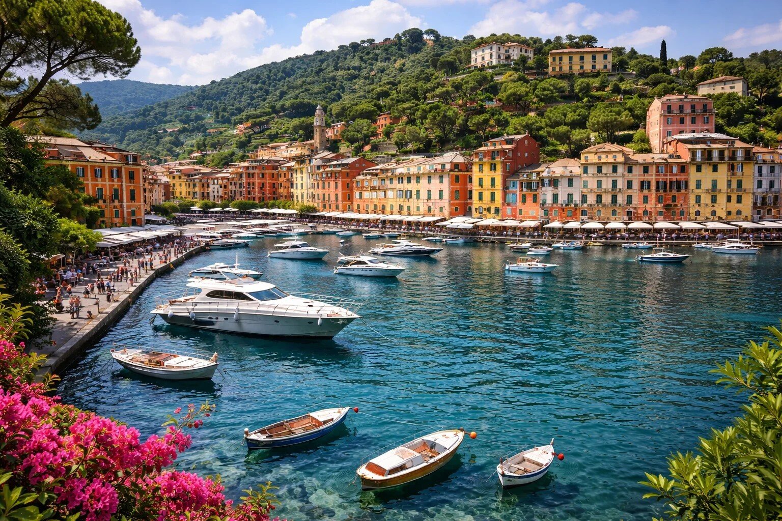 Portofino harbour &mdash; colourful houses, yachts and bougainvillea
