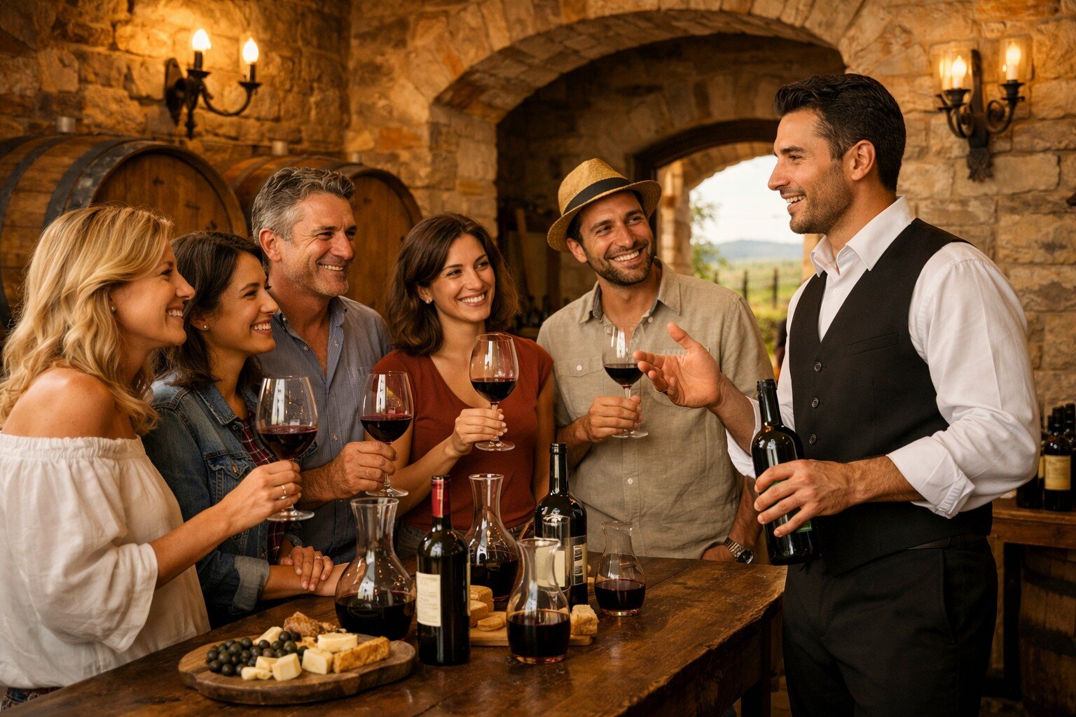 Group of guests enjoying a private wine tasting with a sommelier in a stone cellar, Chianti Tuscany Italy
