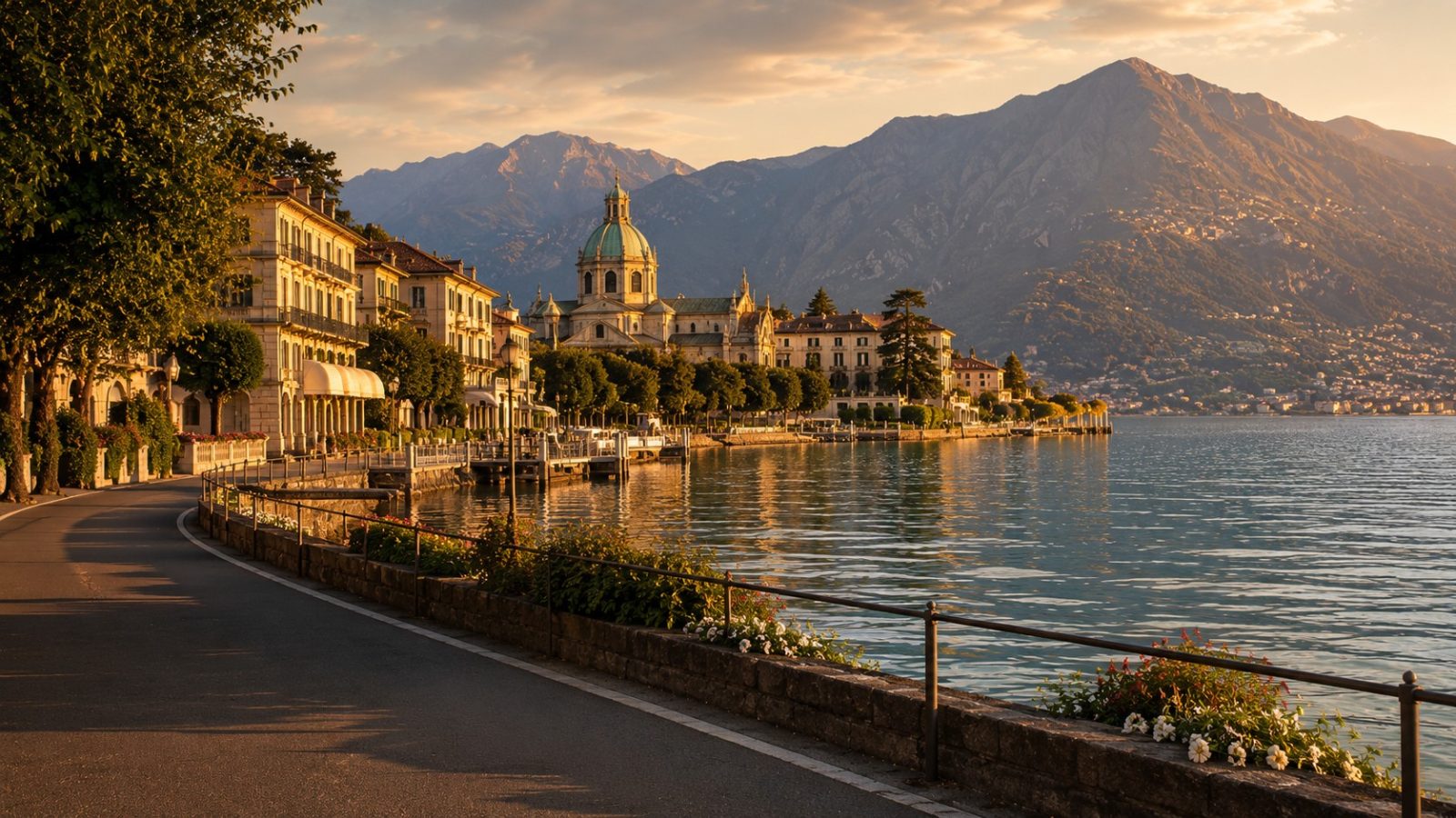 Como city lakefront promenade at golden hour — private transfer service ExpressLimo24